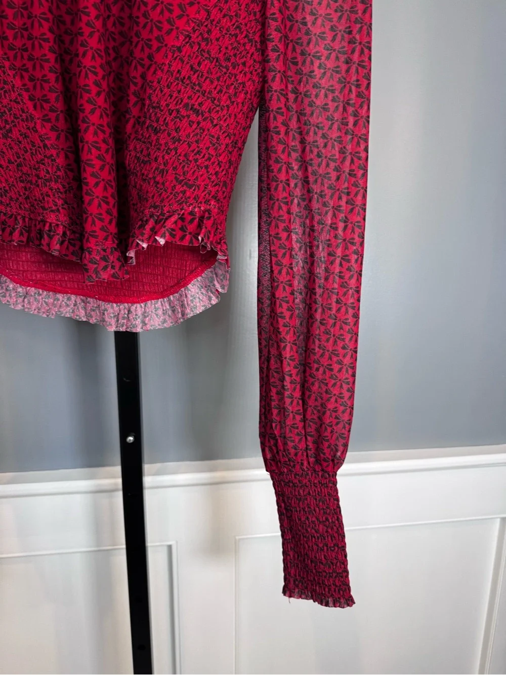 Free People Dottie Knit Top Salsa Red Floral Smocked Blouse Medium NWT